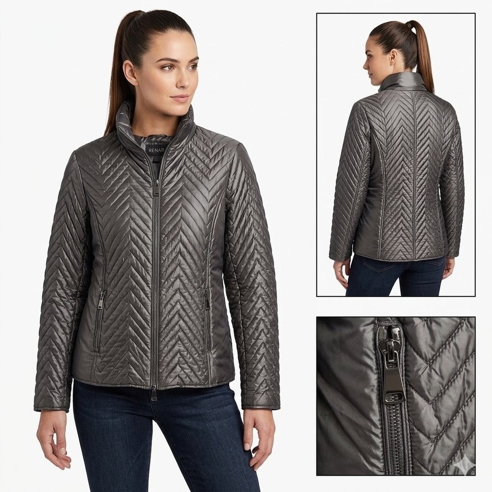 Renuar Women's Quilted Chevron Puffer Jacket Gray Gunmetal Metallic Full Zip LG